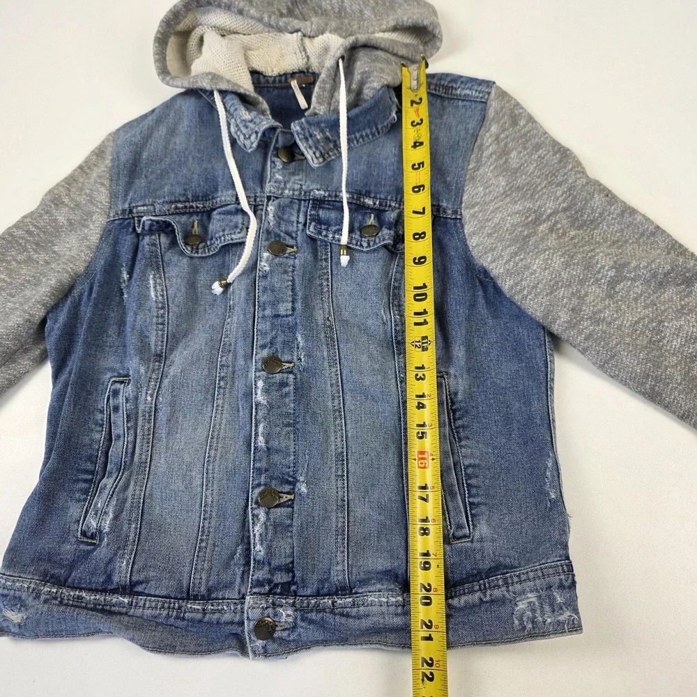 Free People Jacket Womens Large Blue Denim Hooded Sweatshirt Sleeve Button Front - Picture 4 of 13